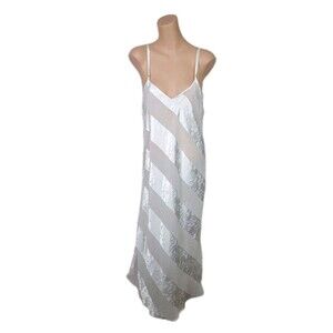 Vtg Dentelle Satin Nightgown Women's Size L Midi Side Slit White Semi Sheer Z